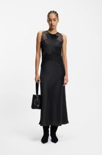 Seersucker-satin dress with lace trims, Black