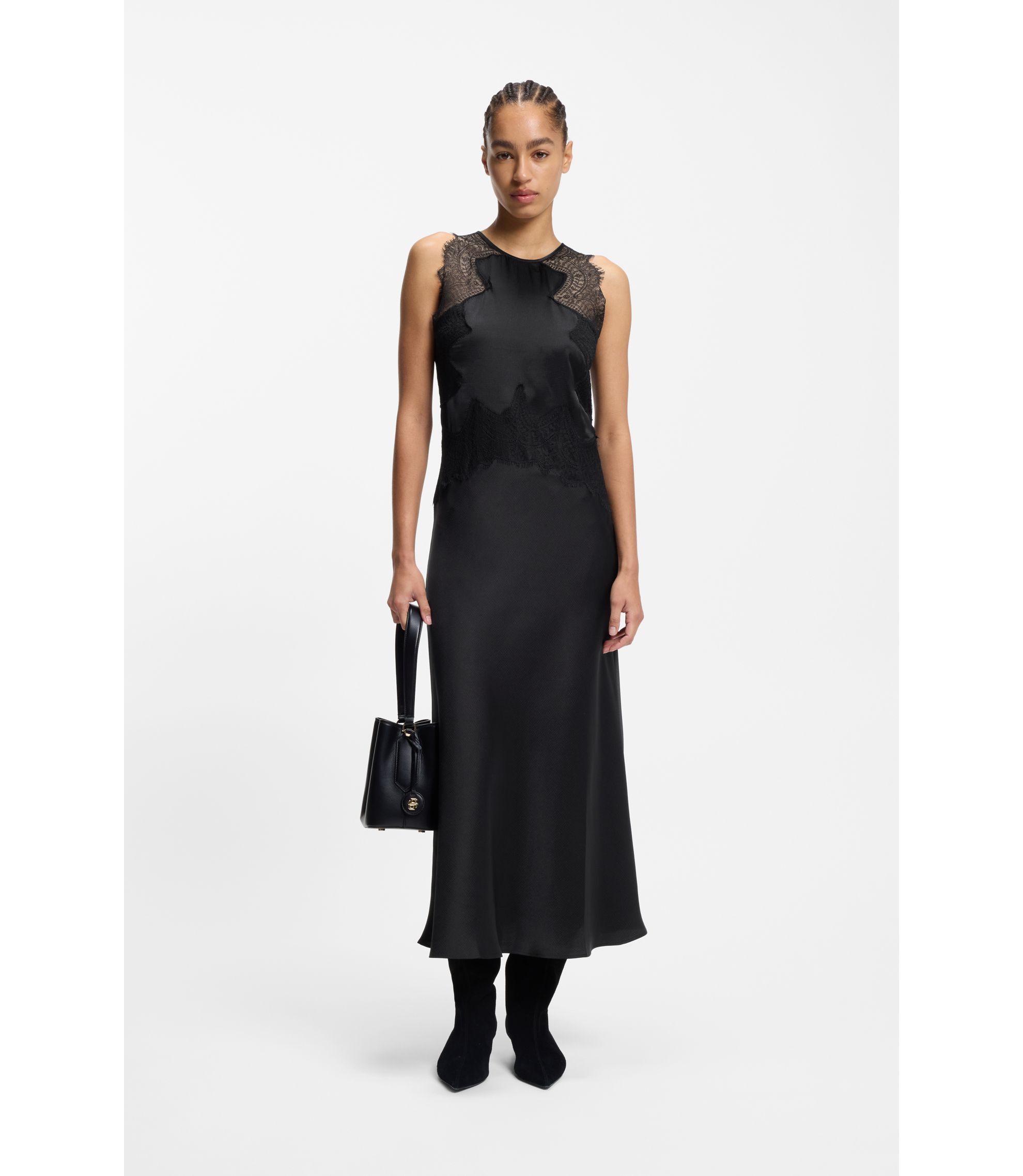 grey dress with black lace trim Dolce & Gabbana Lace Trim Satin Slip Dress Black with DG Logo Plaque main image 0
