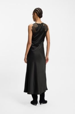 Seersucker-satin dress with lace trims, Black