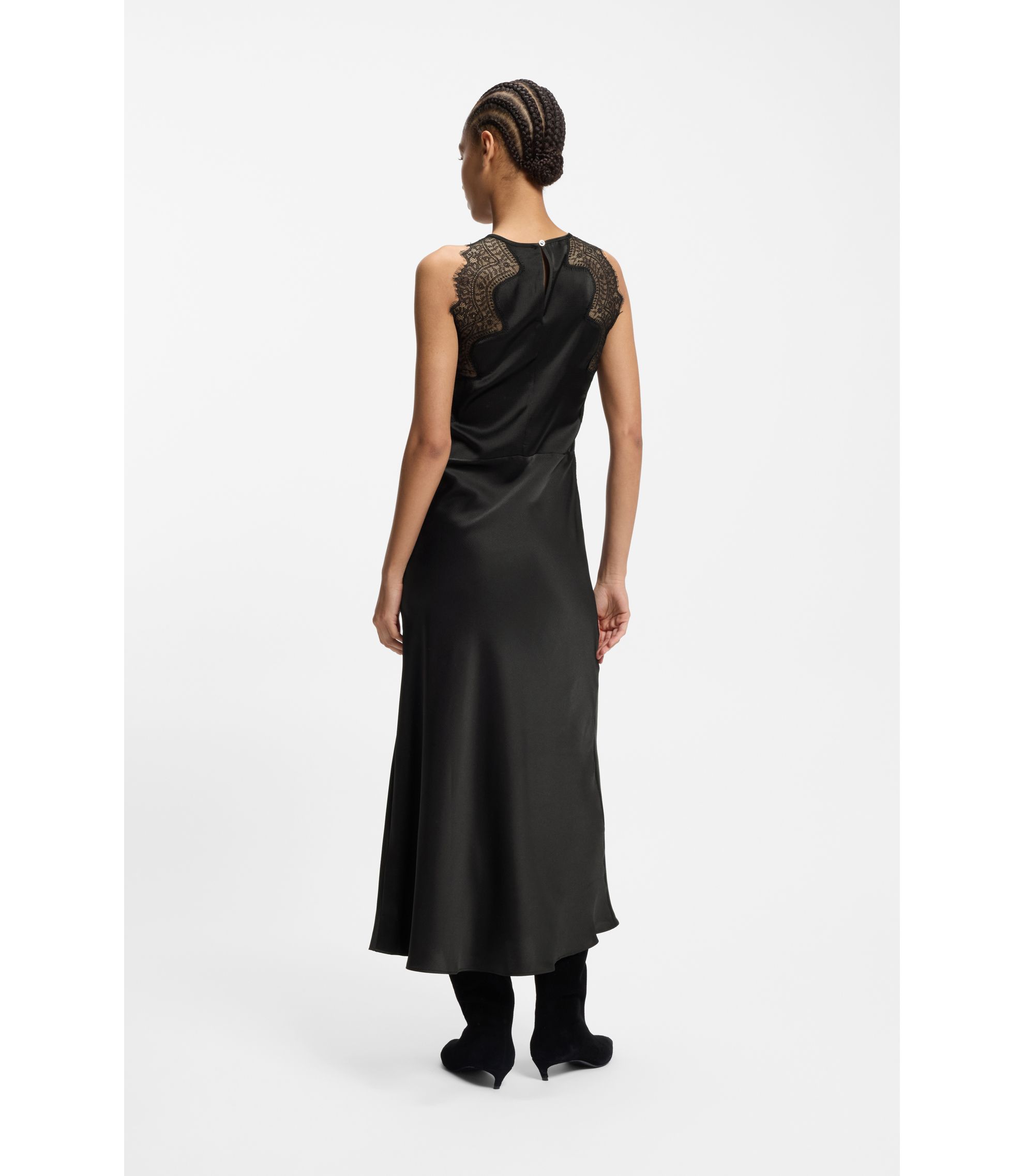BOSS - Seersucker-satin dress with lace trims - Black