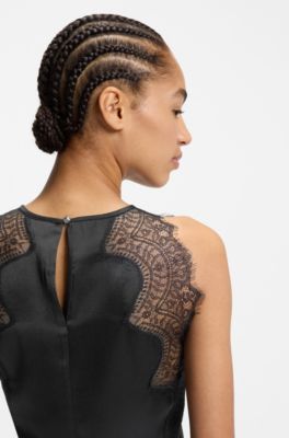 Seersucker-satin dress with lace trims, Black