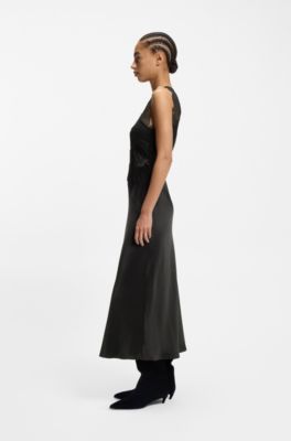 Seersucker-satin dress with lace trims, Black