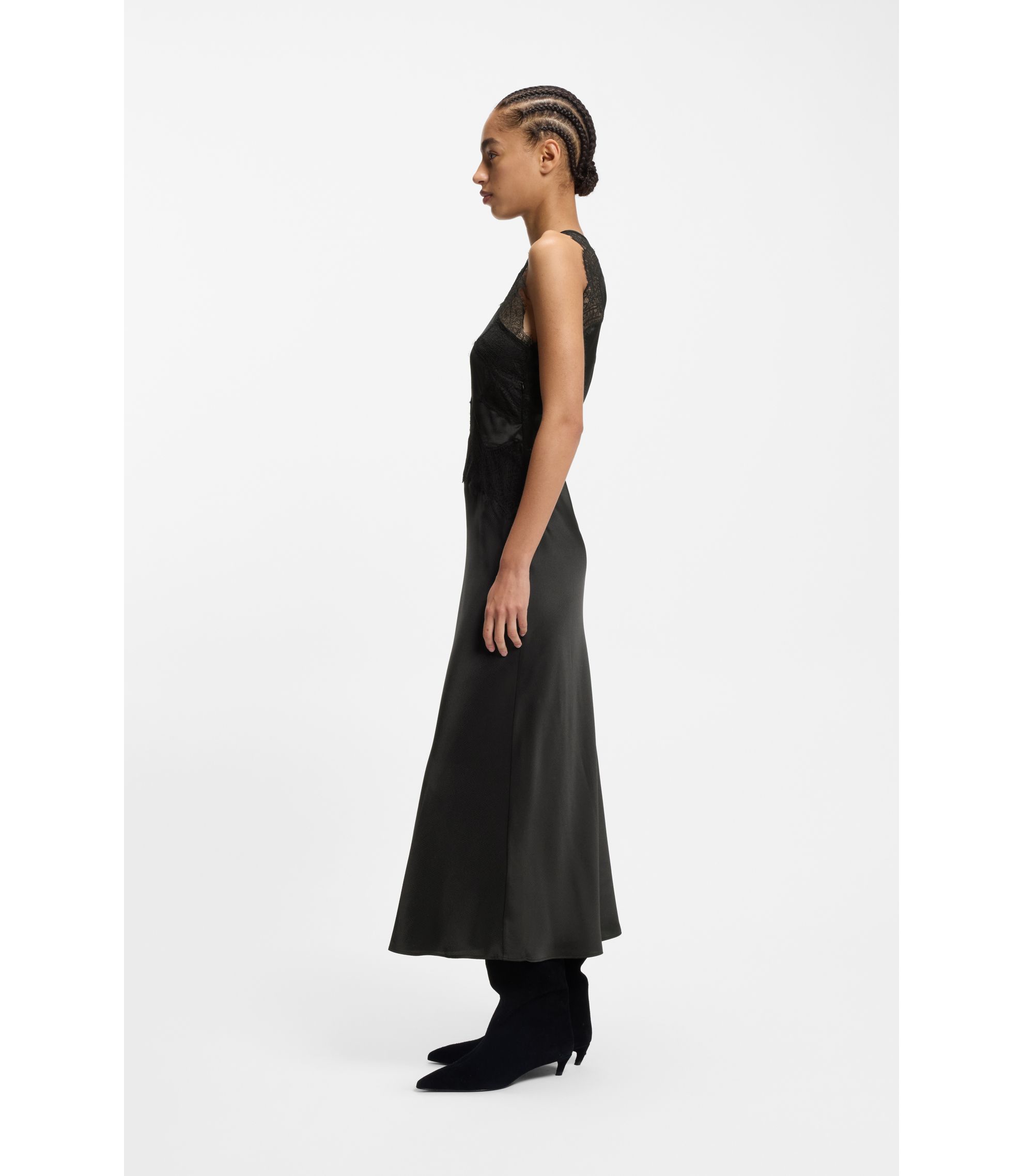 BOSS - Seersucker-satin dress with lace trims - Black