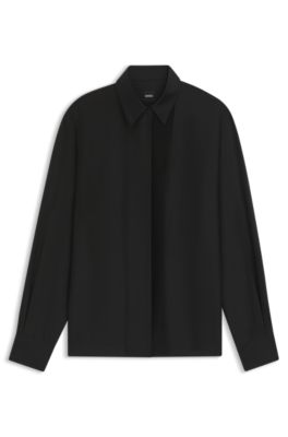 Regular-fit tuxedo-inspired blouse with pintuck pleats, Black