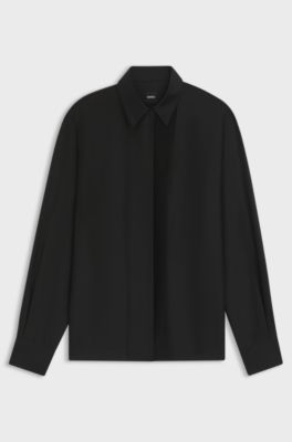 Regular-fit tuxedo-inspired blouse with pintuck pleats, Black
