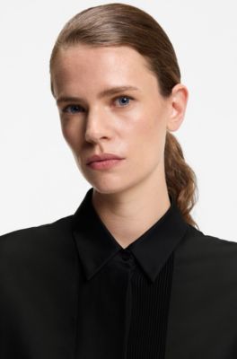 Regular-fit tuxedo-inspired blouse with pintuck pleats, Black