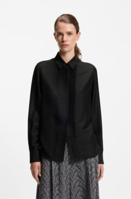 Regular-fit tuxedo-inspired blouse with pintuck pleats, Black