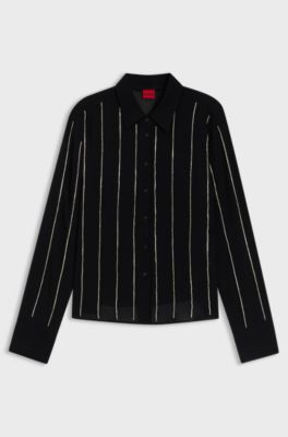 Regular-fit blouse in crepe with rhinestone pinstripes, Black