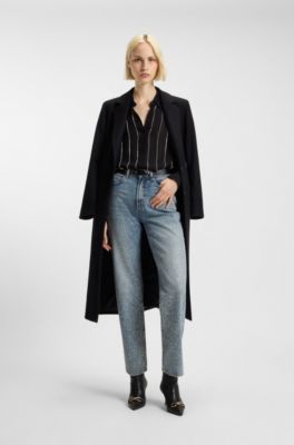 Regular-Fit Bluse aus Krepp mit Nadelstreifen aus Strass, Schwarz