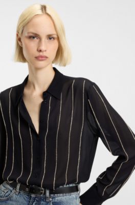 Regular-fit blouse in crepe with rhinestone pinstripes, Black