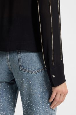 Regular-fit blouse in crepe with rhinestone pinstripes, Black