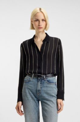 Regular-fit blouse in crepe with rhinestone pinstripes, Black