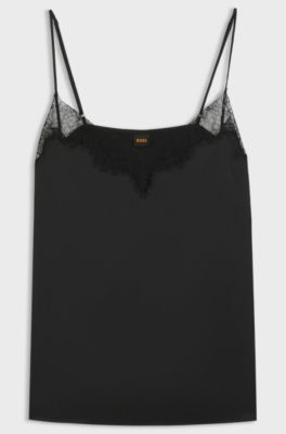 Satin camisole with lace details, Black