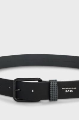 Porsche x BOSS belt in Italian leather with patterned keeper, Black