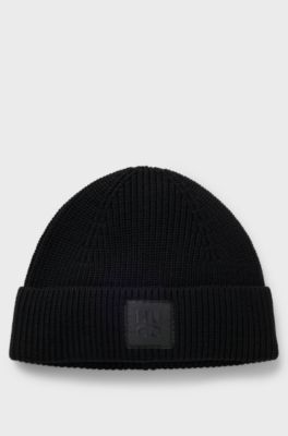 Wool-blend beanie hat with logo label, Black