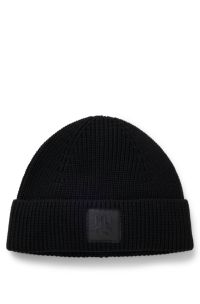 Wool-blend beanie hat with logo label, Black