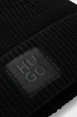 Wool-blend beanie hat with logo label, Black