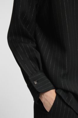 Veste-chemise Oversize en cr&ecirc;pe Georgette &agrave; rayures tennis, Noir &agrave; motif