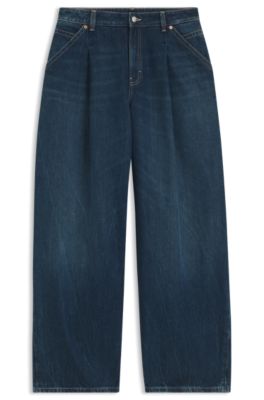 Jeans mit weitem Beinverlauf und Bundfalten auf der Vorderseite, Dunkelblau