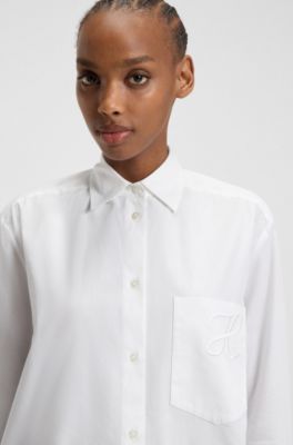 Oversized Bluse mit Logo-Stickerei, Wei&szlig;