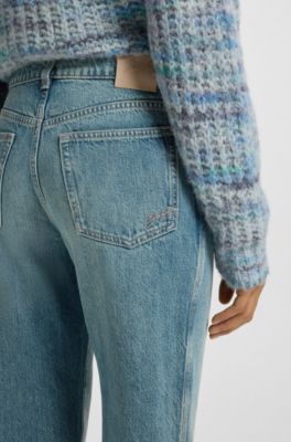 Jeans a gamba dritta in denim rigido con sfumatura smeraldo, Celeste