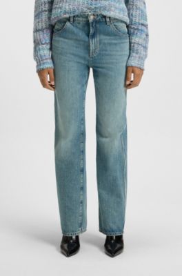 Straight-leg jeans in emerald-cast rigid denim, Light Blue