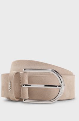 Suede belt with logo lettering keeper, Light Beige