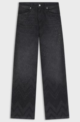Jeans aus schwarzem Denim mit weitem Beinverlauf und Kristallverzierung, Schwarz