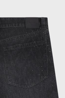 Wide-leg jeans in crystal-embellished black denim, Black