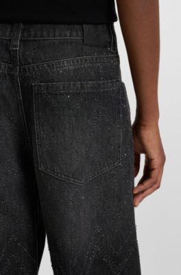 Jeans aus schwarzem Denim mit weitem Beinverlauf und Kristallverzierung, Schwarz