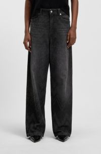 Wide-leg jeans in crystal-embellished black denim, Black