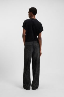 Wide-leg jeans in crystal-embellished black denim, Black