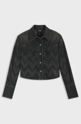 Cropped regular-fit blouse in crystal-embellished denim, Black