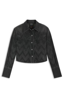 Cropped regular-fit blouse in crystal-embellished denim