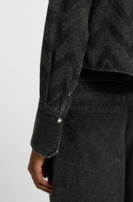 Cropped regular-fit blouse in crystal-embellished denim, Black
