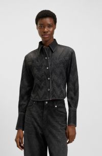 Cropped regular-fit blouse in crystal-embellished denim, Black