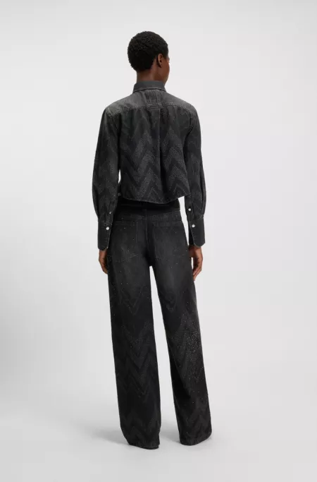 Cropped regular-fit blouse in crystal-embellished denim