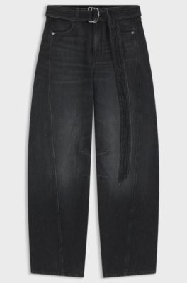 Balloon-leg jeans in black rigid denim with belt, Dark Grey