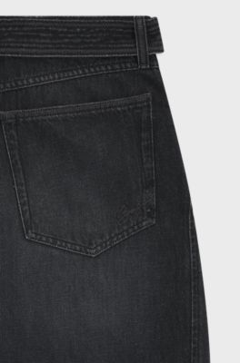 Balloon-leg jeans in black rigid denim with belt, Dark Grey