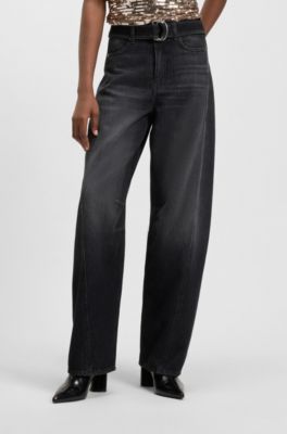 Balloon-leg jeans in black rigid denim with belt, Dark Grey