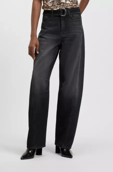Balloon-leg jeans in black rigid denim with belt