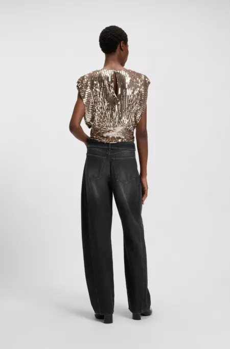 Balloon-leg jeans in black rigid denim with belt