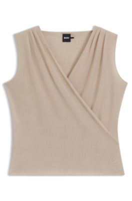 Wrap-front top in pliss&eacute; tulle, Beige