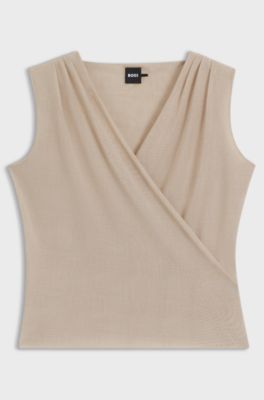 Wrap-front top in pliss&eacute; tulle, Beige