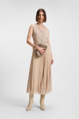 Wrap-front top in pliss&eacute; tulle, Beige
