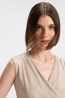Wrap-front top in pliss&eacute; tulle, Beige