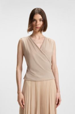 Wrap-front top in pliss&eacute; tulle, Beige