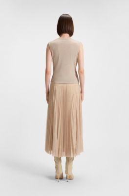 Wrap-front top in pliss&eacute; tulle, Beige