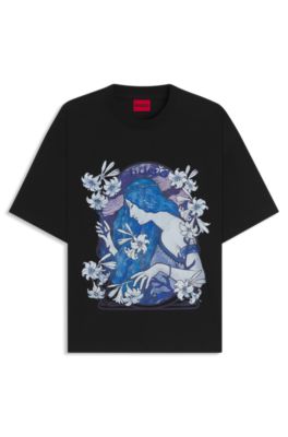Cotton-jersey T-shirt with floral artwork, Black