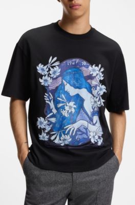 Cotton-jersey T-shirt with floral artwork, Black